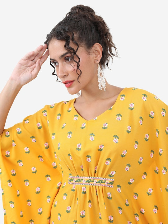 Vishudh Yellow Floral Printed Flared Sleeves Regular Kaftan With Trouser