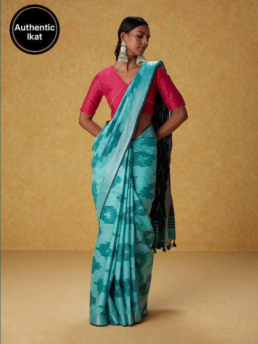 Likha Turquoise Cotton Ikat Saree with Unstitched Blouse LIKSAR93 (Free Size)