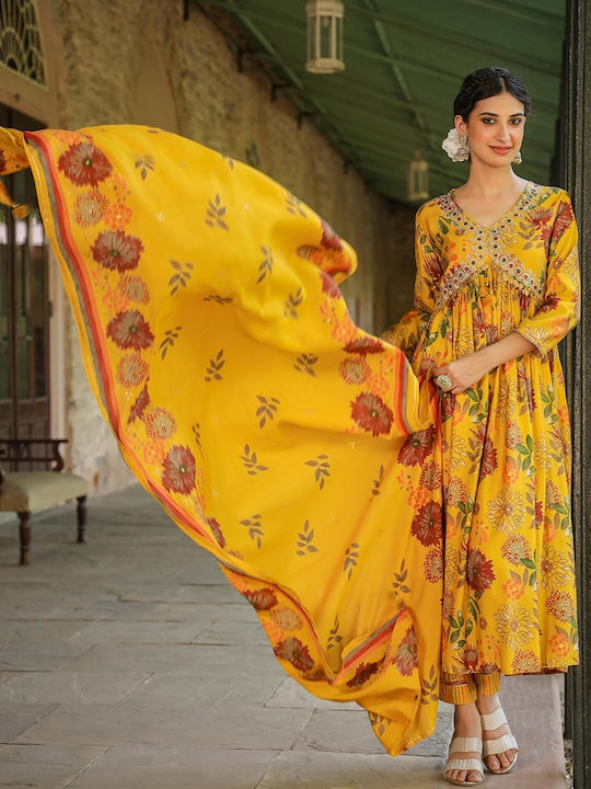 Scakhi Floral Printed Empire Thread Work Kurta with Trousers & Dupatta