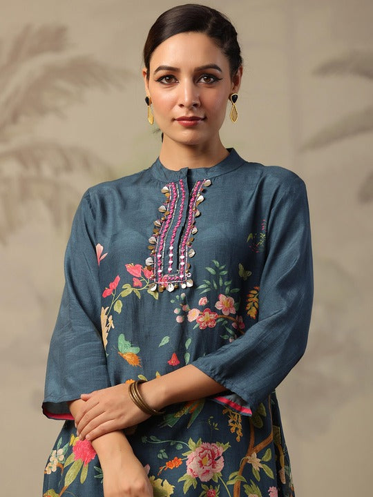 Scakhi Floral Printed Mandarin Collar Thread Work A-Line Kurti & Palazzo