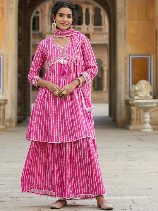 SCAKHI Bandhani Printed Pleated Beads and Stones Pure Cotton Kurti With Sharara & Dupatta