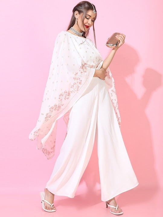 Vishudh Women Off-White Floral Polyester Top with Flared Palazzo