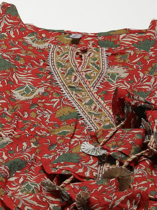 Yufta Women Red Ethnic Motifs Printed Angrakha Pure Cotton Kurta with Palazzos & Dupatta