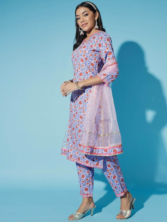 Myshka Floral Printed Regular Gotta Patti Kurti with Trouser & Dupatta