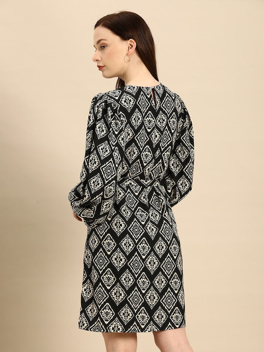 All about you Black & White Ethnic Motifs A-Line Dress With A Belt