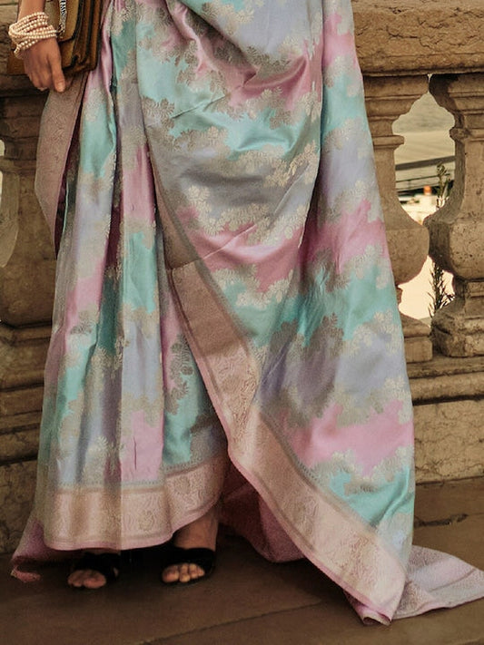 Saree mall Blue & Pink Ethnic Motifs Woven Design Zari Satin Banarasi Sarees