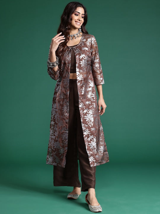 Sangria Floral Foil Printed Front Slit Layered Kurta with Trousers