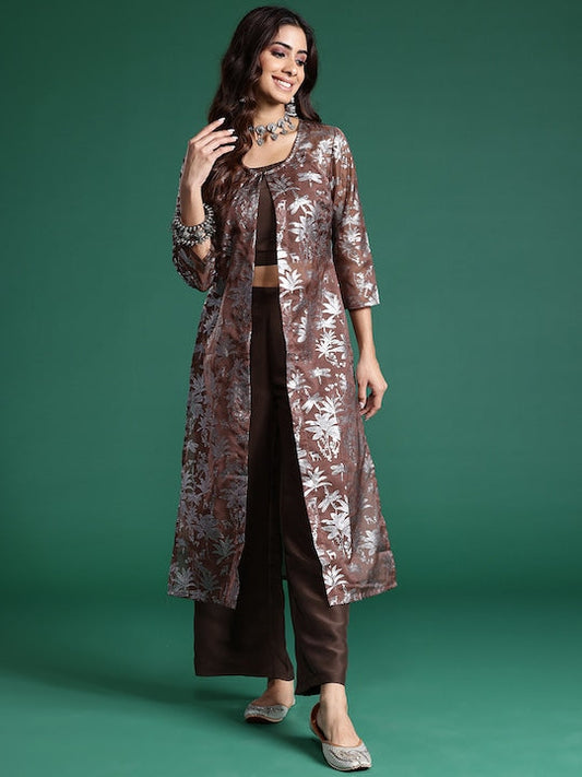 Sangria Floral Foil Printed Front Slit Layered Kurta with Trousers