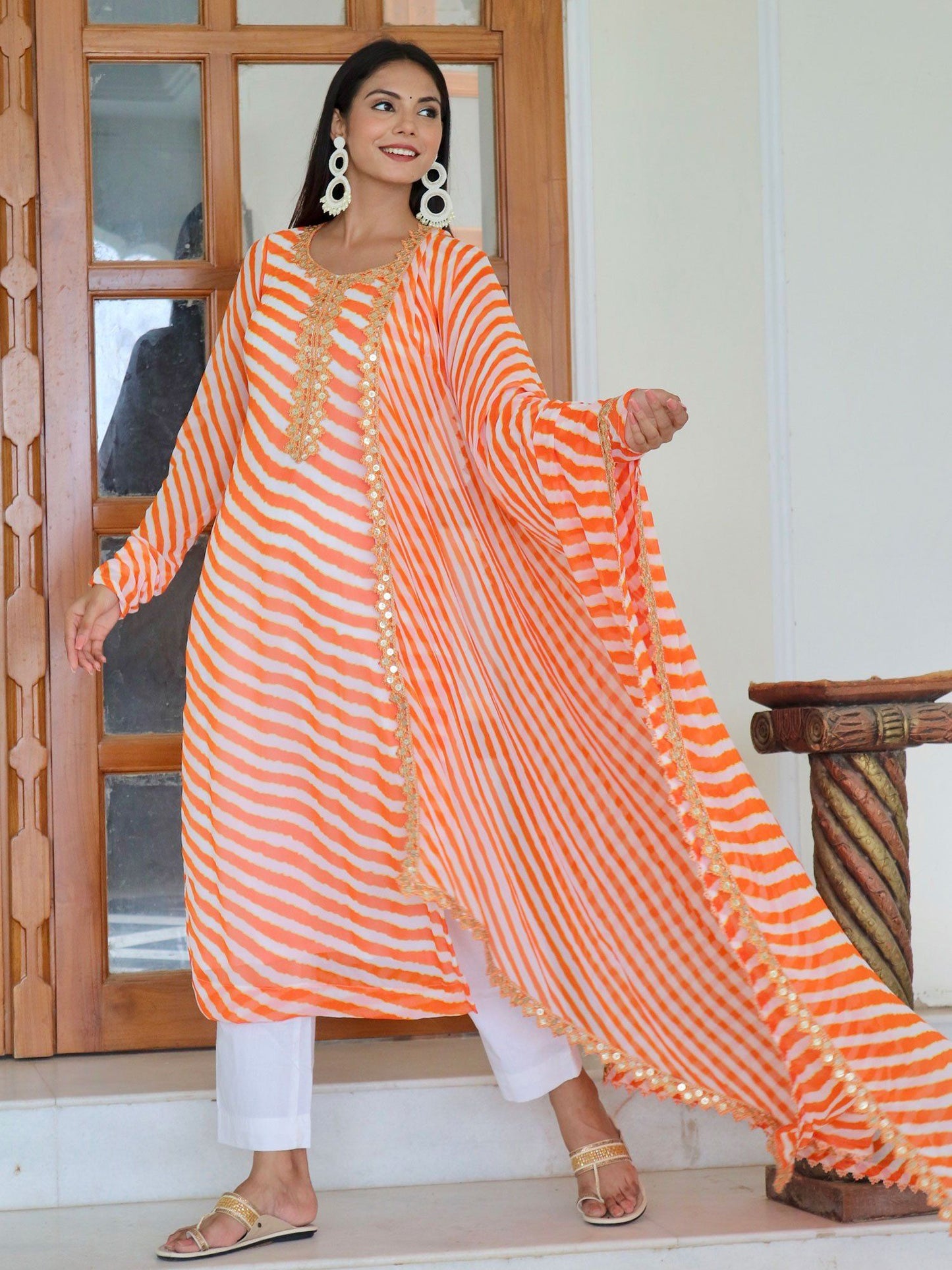 ONEWE INDIA Marigold Leheriya Suit Set (Set of 3) - Orange