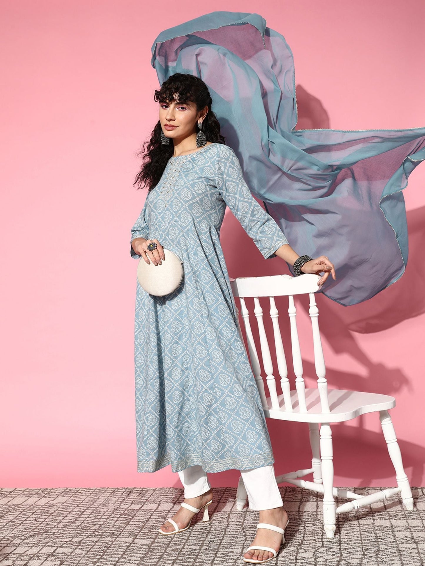 ISHIN Womens Cotton Blend Blue Embroidered Anarkali Kurta with Dupatta (Set of 2)