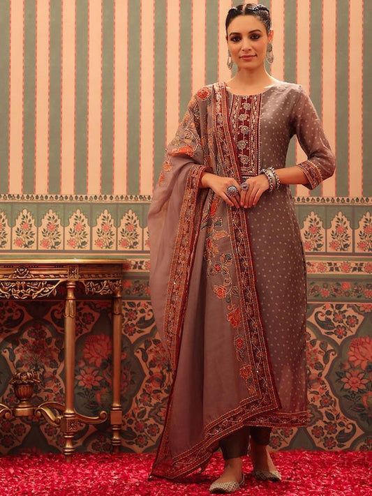 Scakhi Ethnic Motifs Printed Kantha Work Chanderi Silk Kurta With Trousers & Dupatta