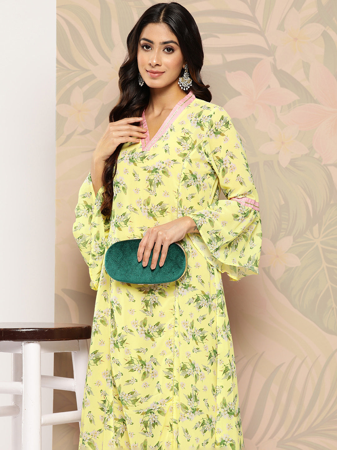 Ahalyaa Floral Printed Bell Sleeves Gotta Patti Georgette Kurta