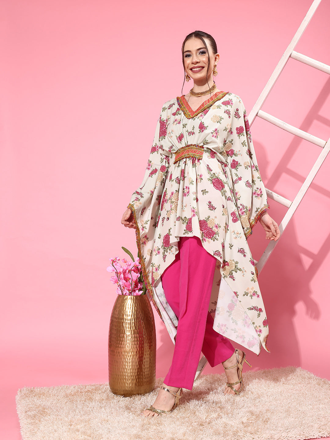 Ahalyaa Women Floral Printed Flared Sleeves Thread Work Crepe Kaftan Kurta