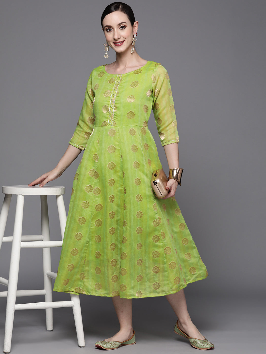 Ahalyaa Women Green Chanderi Jacquard Woven Dress - XS