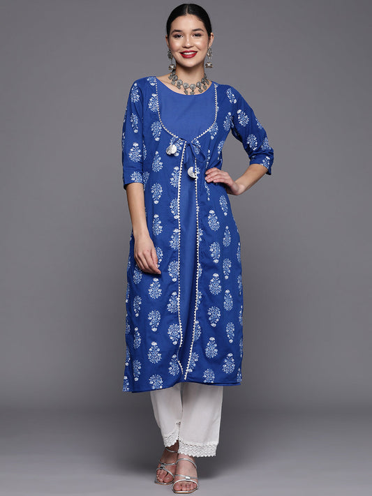 Ahalyaa Womens Royal Blue Pure Cotton Printed Kurtas