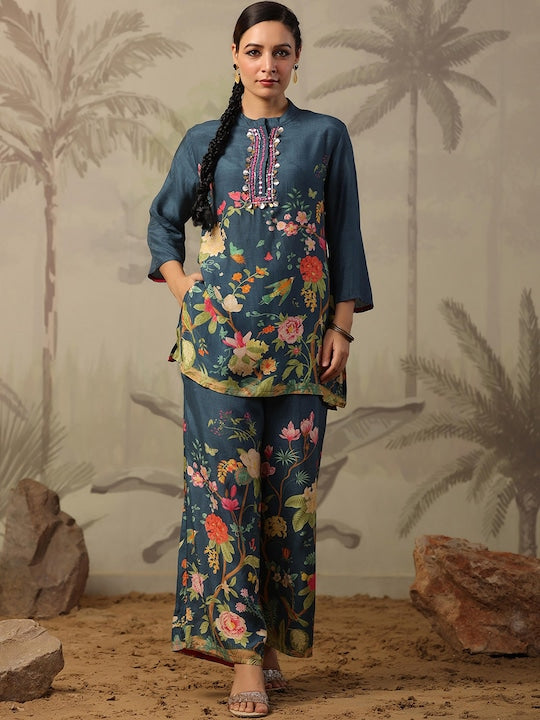 Scakhi Floral Printed Mandarin Collar Thread Work A-Line Kurti & Palazzo