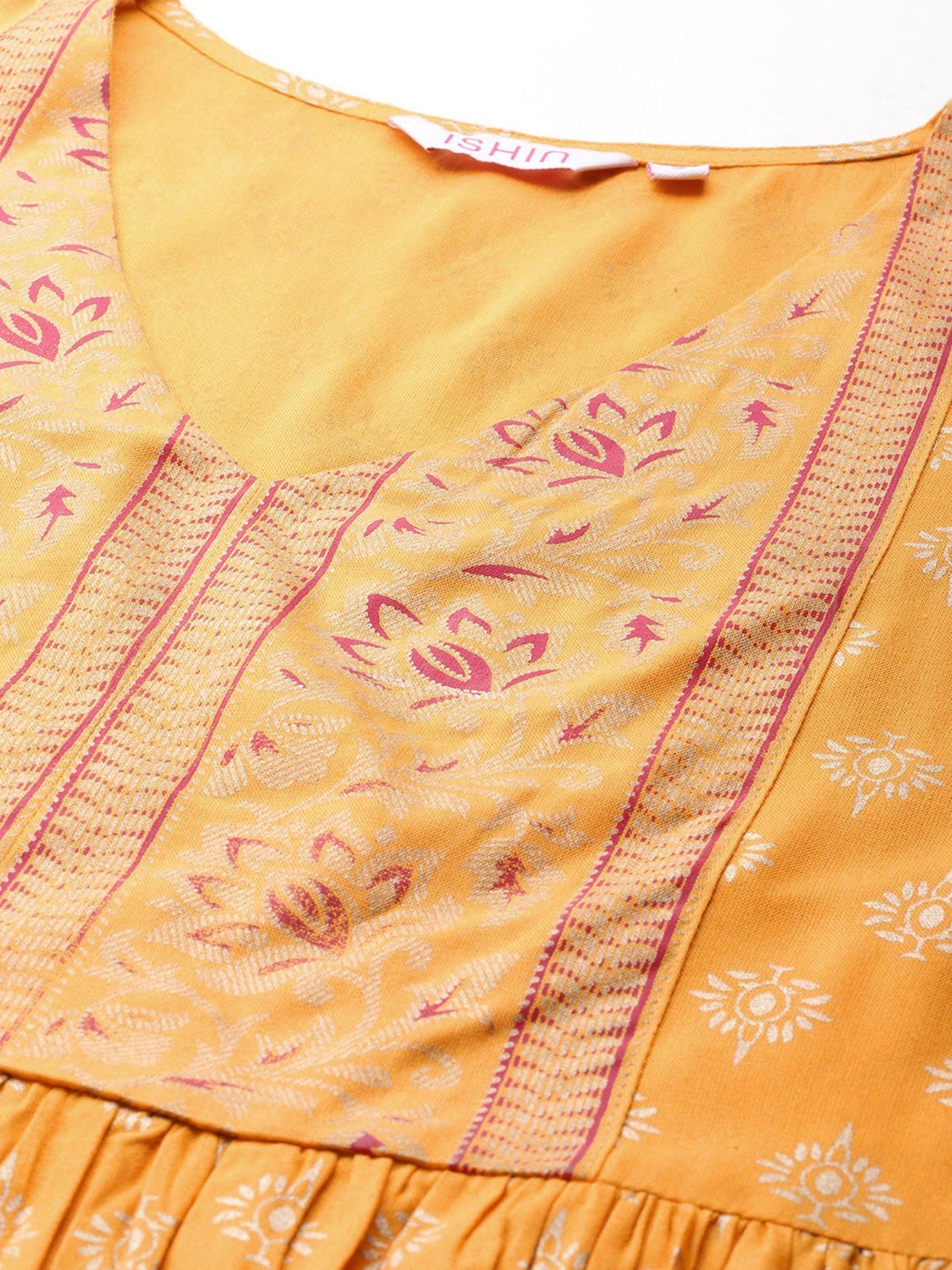 ISHIN Women's Viscose Rayon Ethnic Motifs Mustard Anarkali Kurta