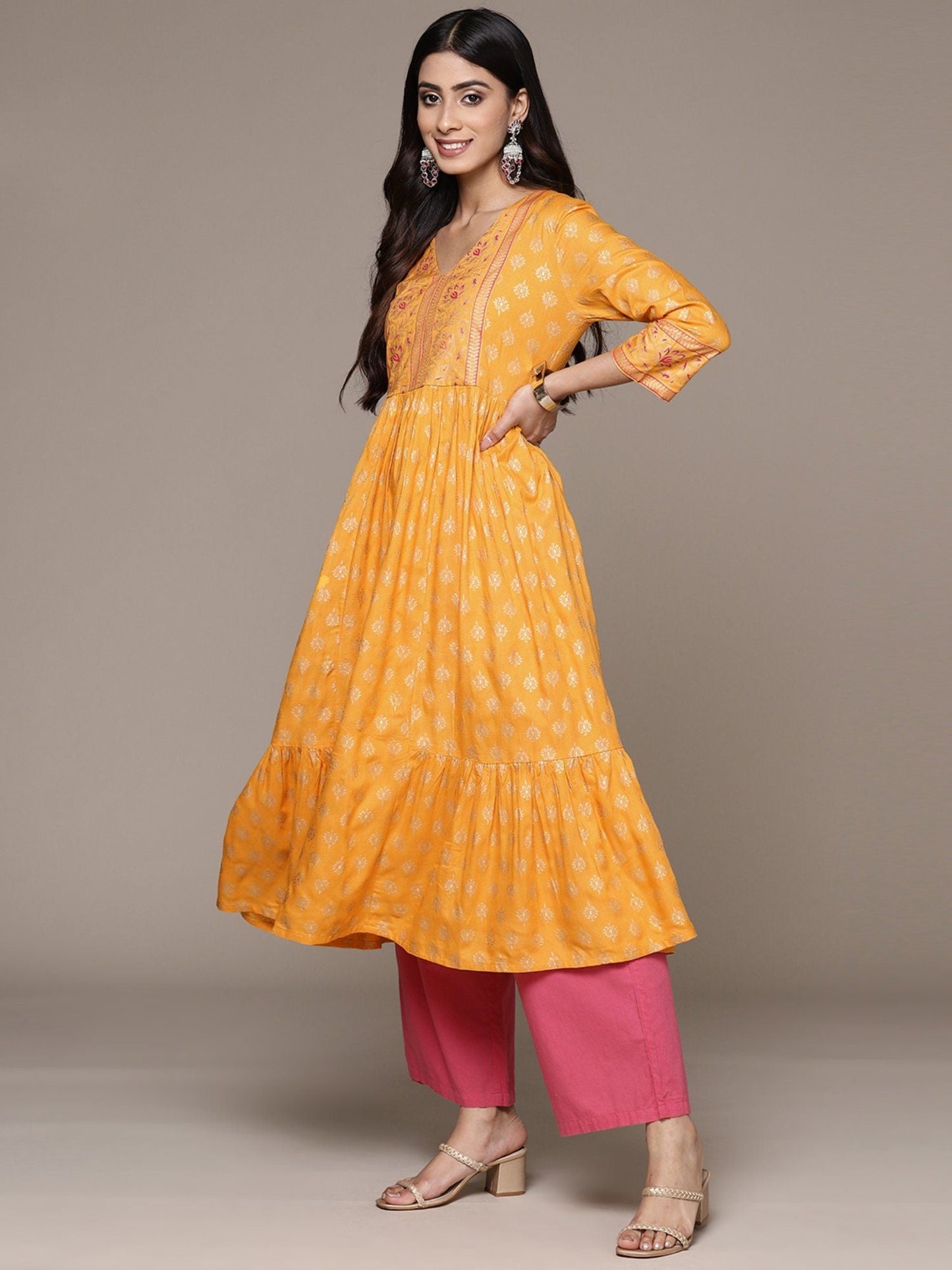 ISHIN Women's Viscose Rayon Ethnic Motifs Mustard Anarkali Kurta