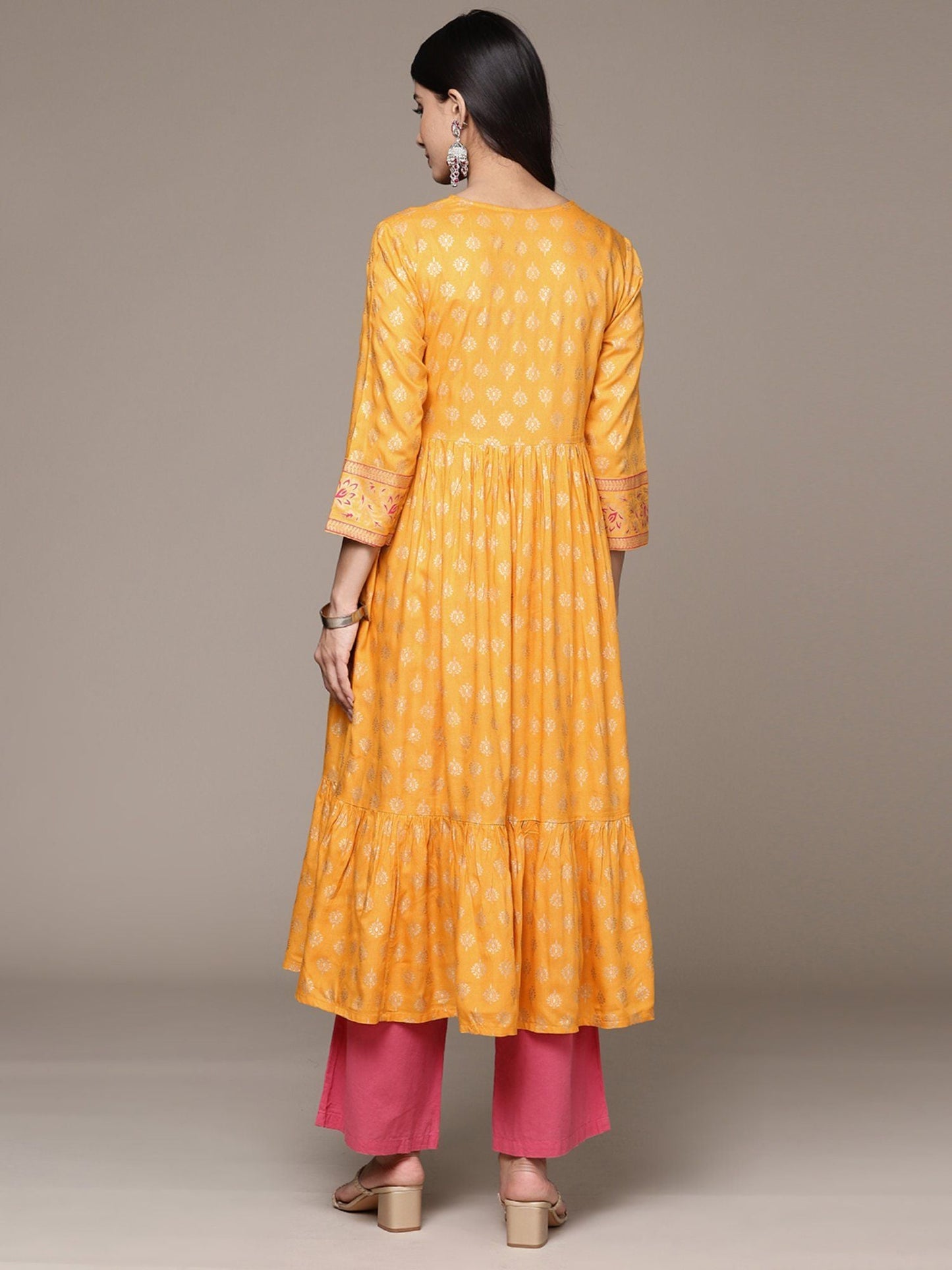 ISHIN Women's Viscose Rayon Ethnic Motifs Mustard Anarkali Kurta