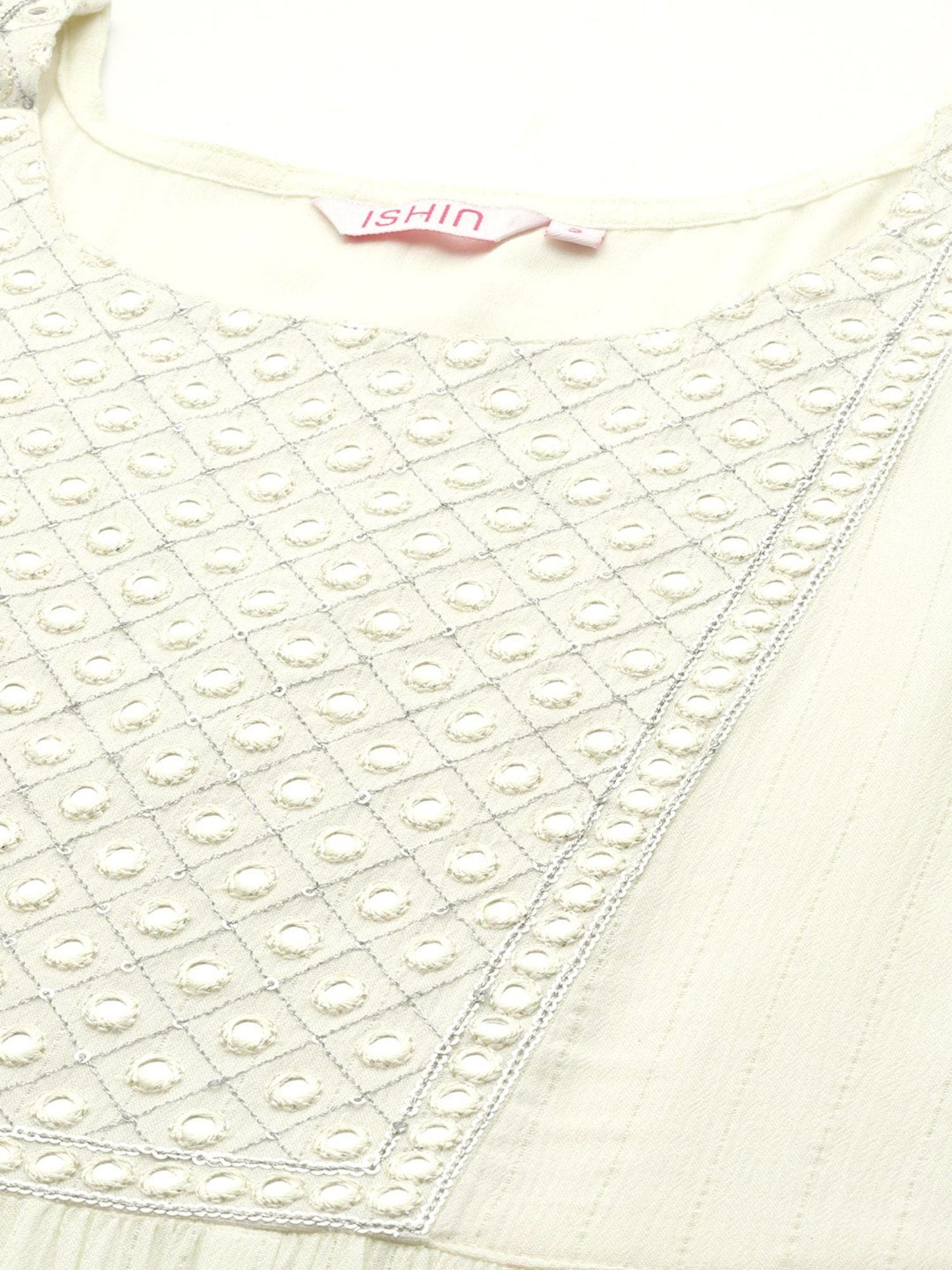 ISHIN Women's Off White Mirrorwork with Gotta Patti Detailing Flared Kurta