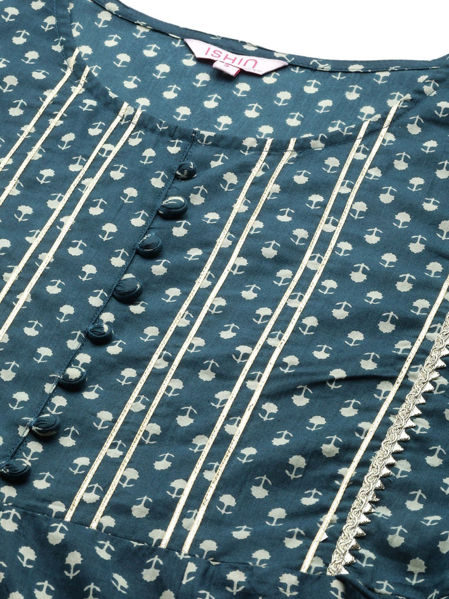 ISHIN Women's Teal Ethnic Motifs Printed with Gotta Patti Cotton Flared Kurta