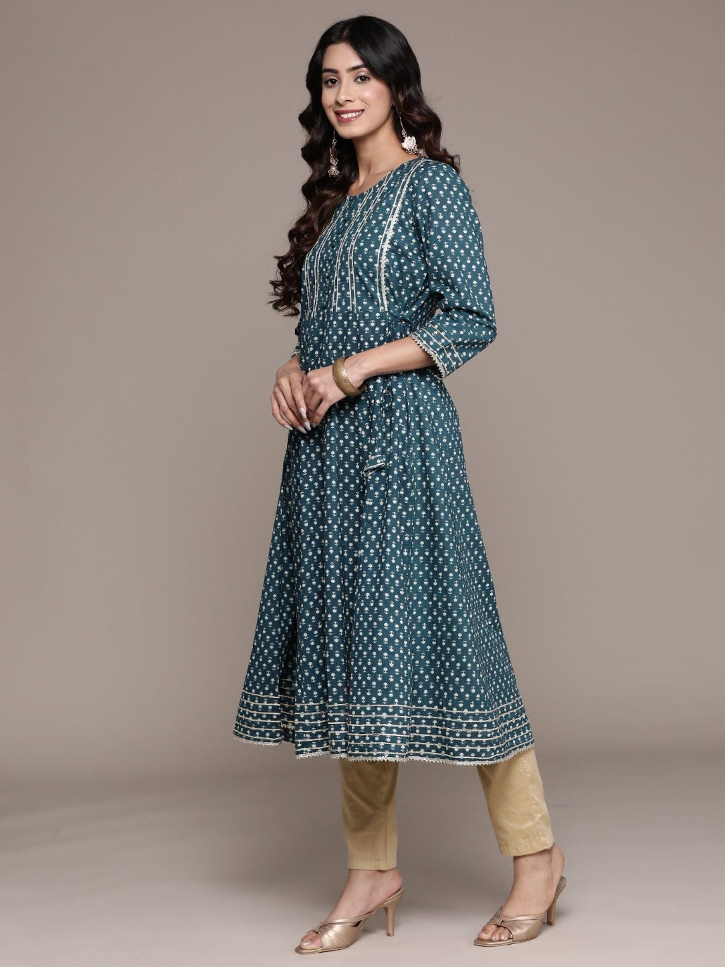 ISHIN Women's Teal Ethnic Motifs Printed with Gotta Patti Cotton Flared Kurta