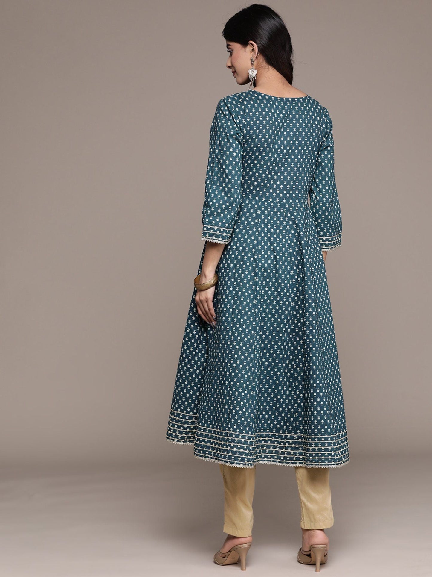 ISHIN Women's Teal Ethnic Motifs Printed with Gotta Patti Cotton Flared Kurta