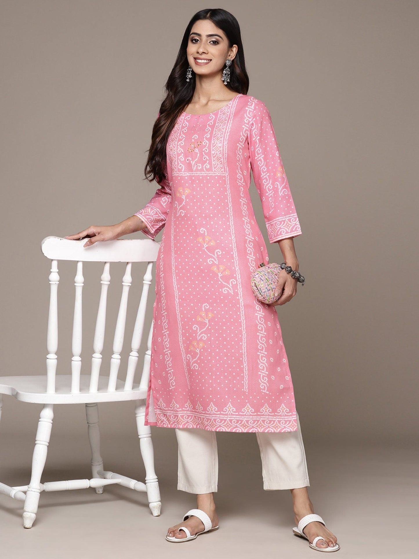 ISHIN Women's Silk Ethnic Motifs Pink Straight Kurta