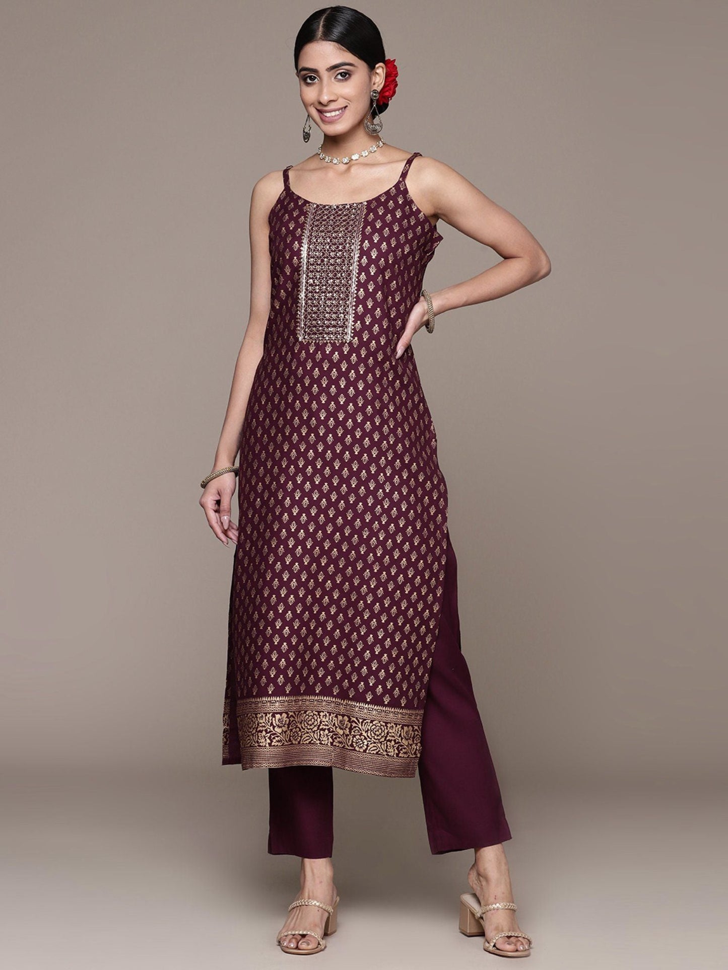 ISHIN Women's Viscose Rayon Printed Burgundy Straight Kurta Suit with Trousers (Set of 2)