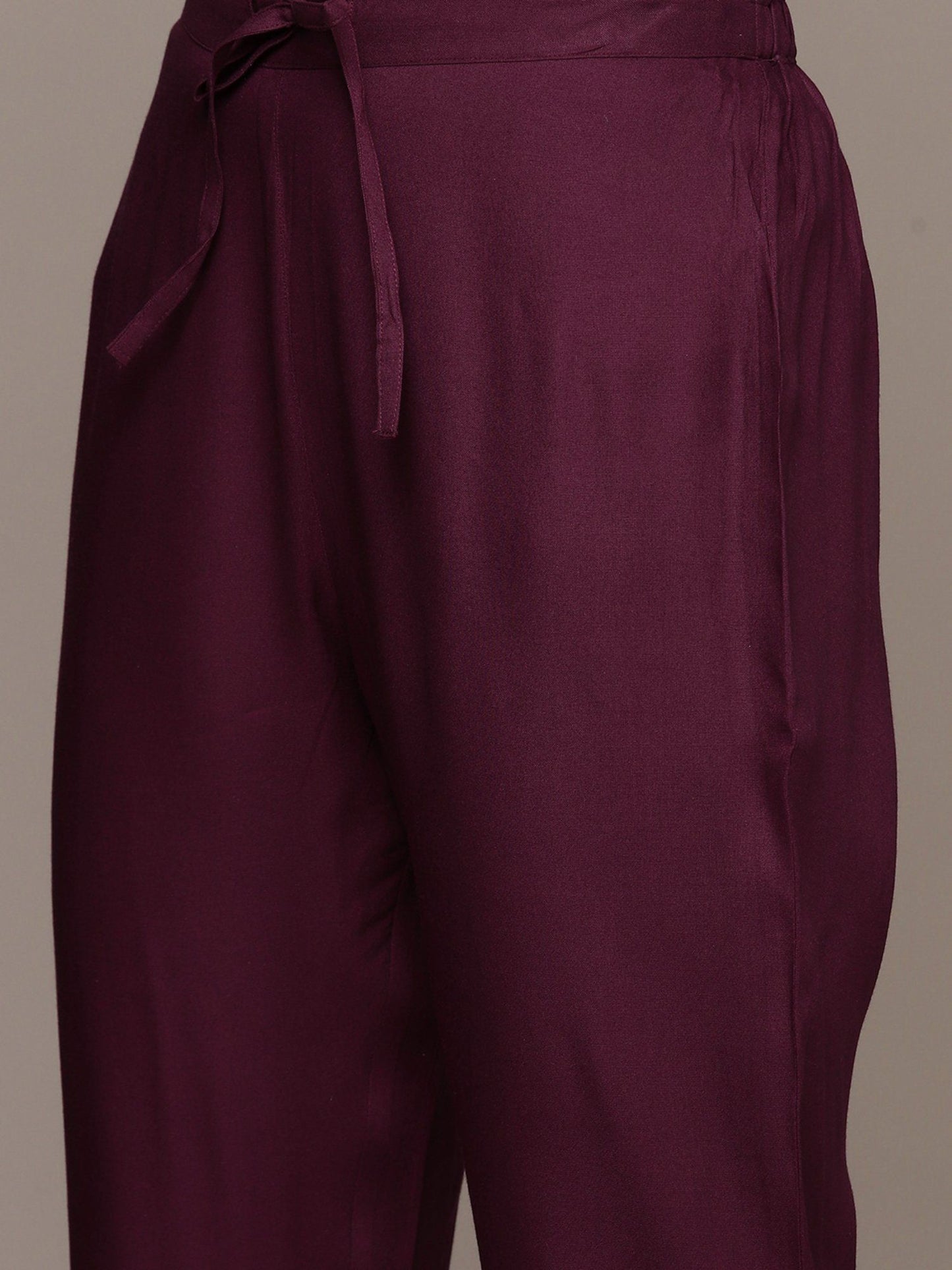 ISHIN Women's Viscose Rayon Printed Burgundy Straight Kurta Suit with Trousers (Set of 2)