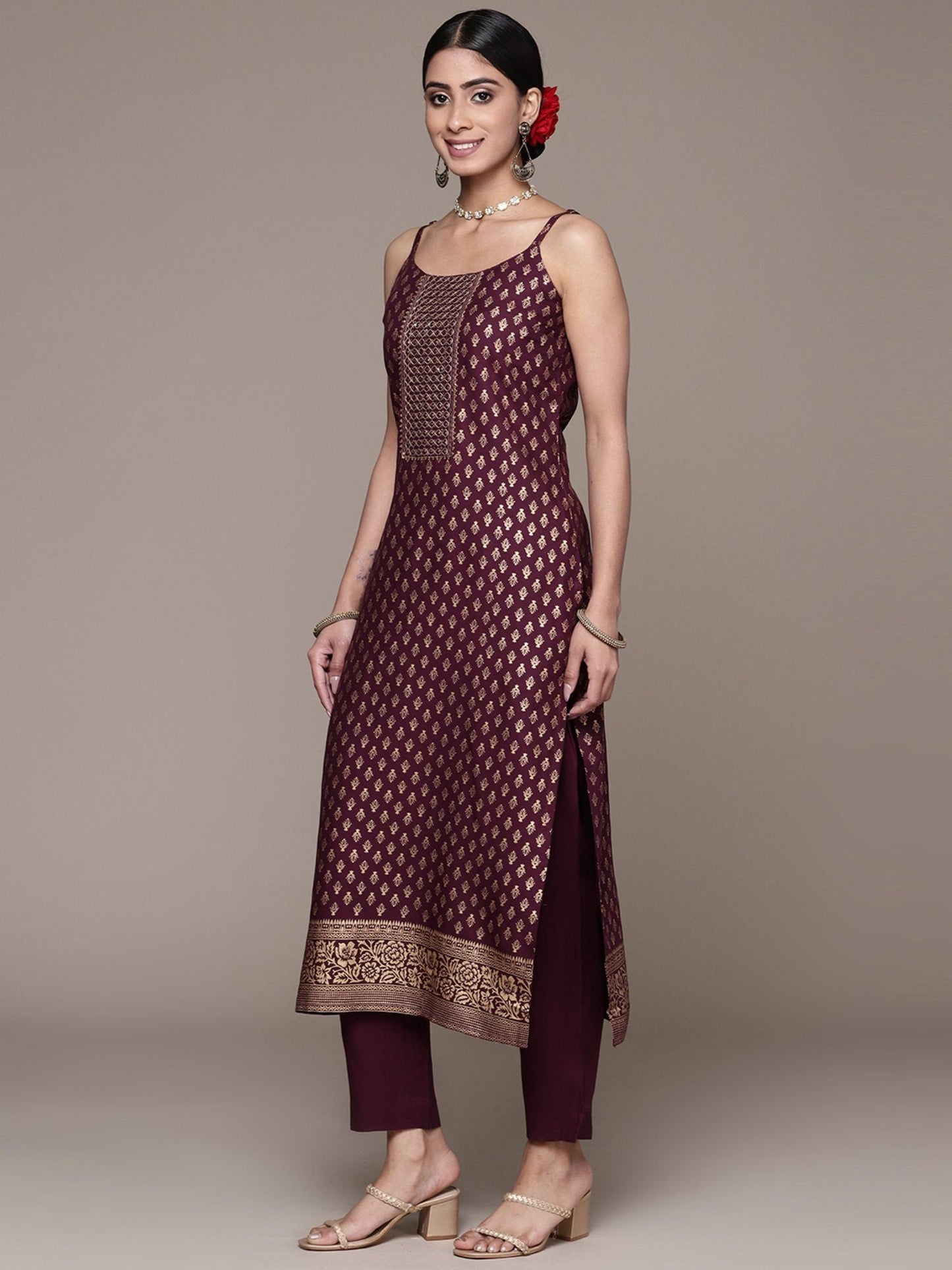 ISHIN Women's Viscose Rayon Printed Burgundy Straight Kurta Suit with Trousers (Set of 2)