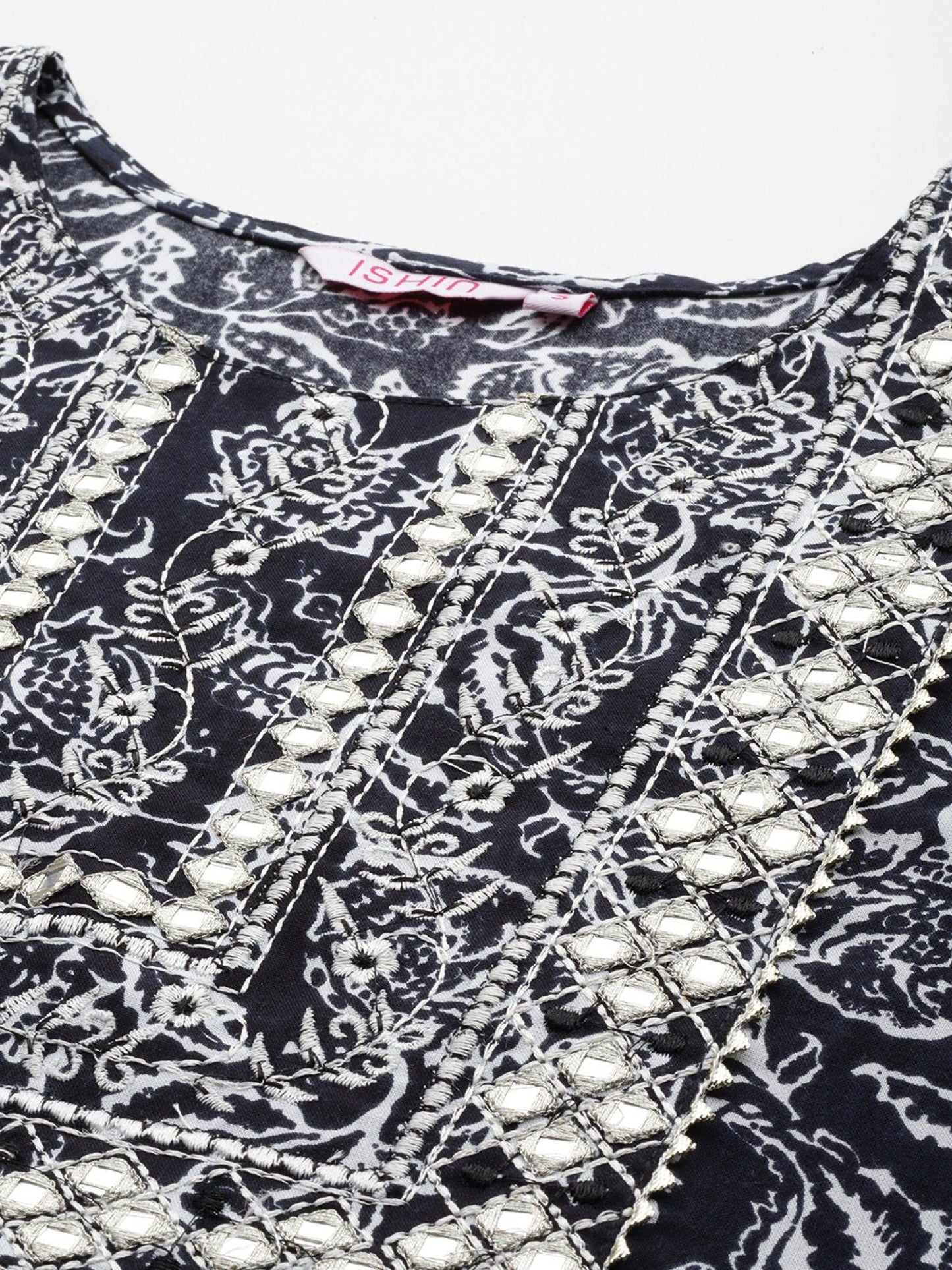 ISHIN womens Cotton Off White Embroidered Kaftan Kurta Trouser (Set of 2)