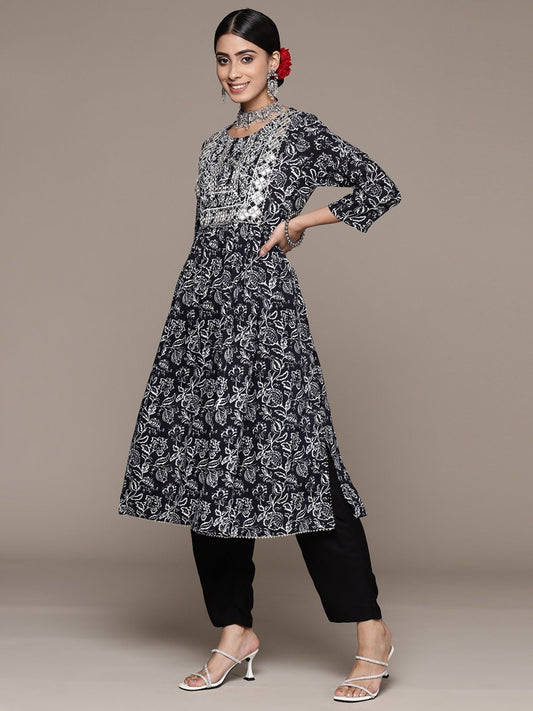 ISHIN womens Cotton Off White Embroidered Kaftan Kurta Trouser (Set of 2)