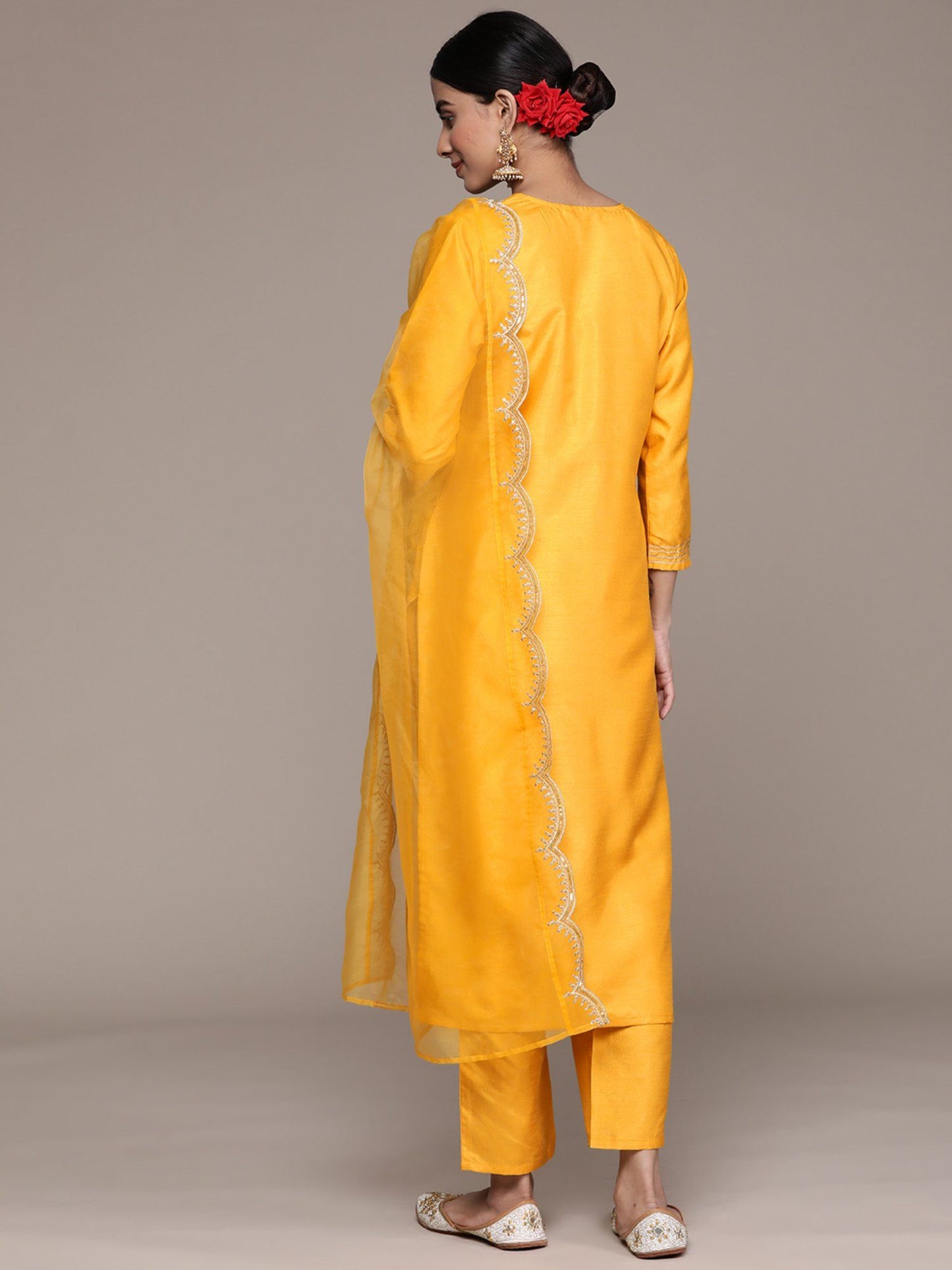 ISHIN Women's Mustard Floral Zari Work Silk Straight Kurta with Trousers & Dupatta (Set of 3)