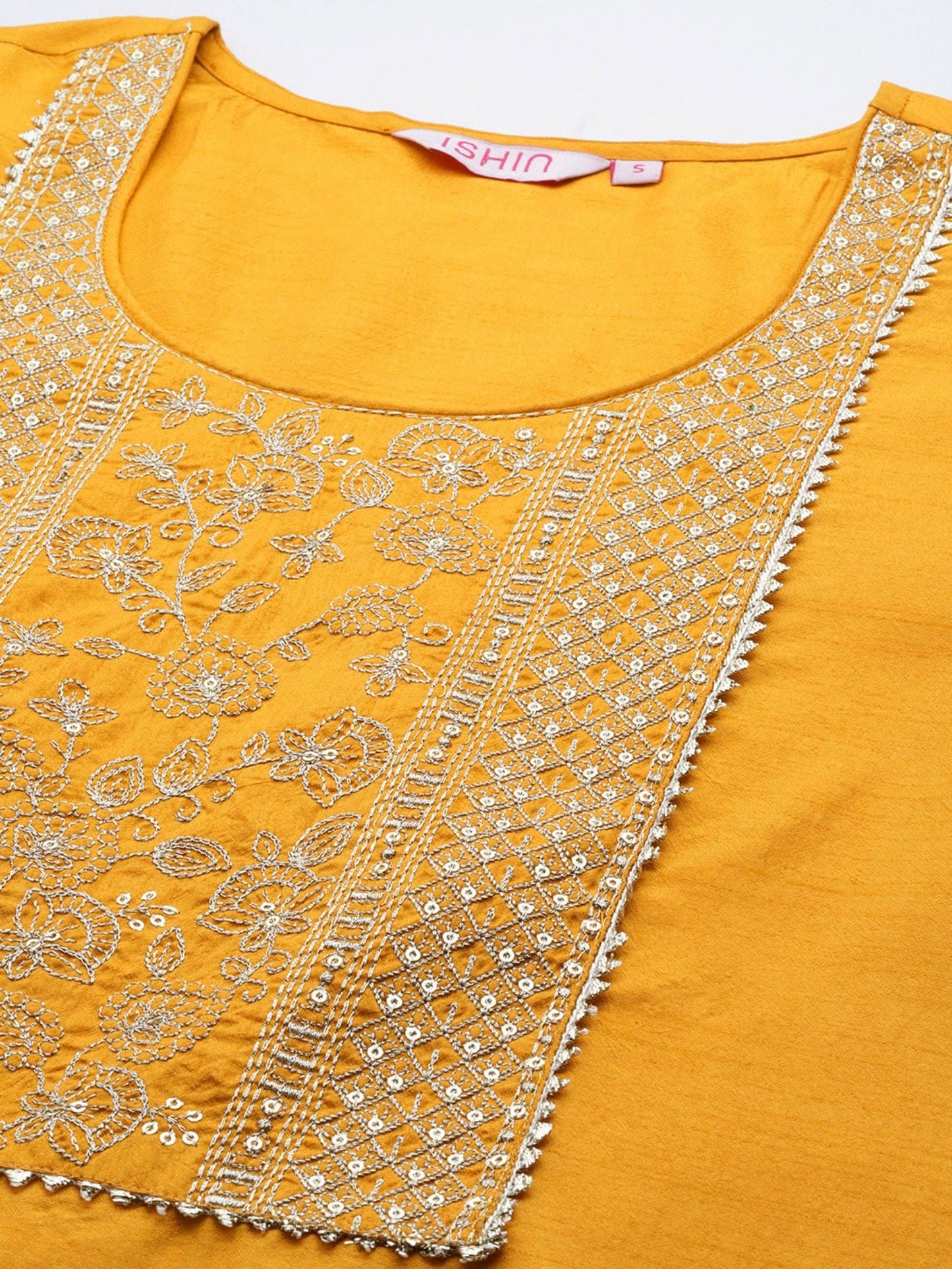 ISHIN Women's Mustard Floral Zari Work Silk Straight Kurta with Trousers & Dupatta (Set of 3)