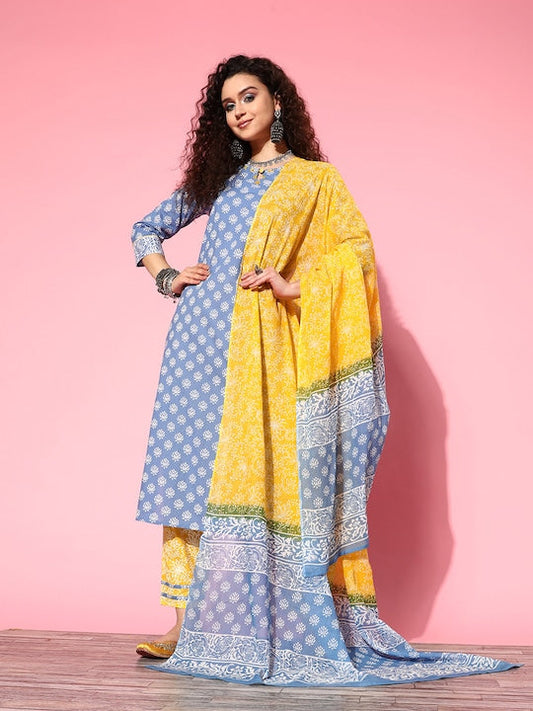 Yufta Ethnic Motifs Printed Pure Cotton Kurta with Trousers & With Dupatta