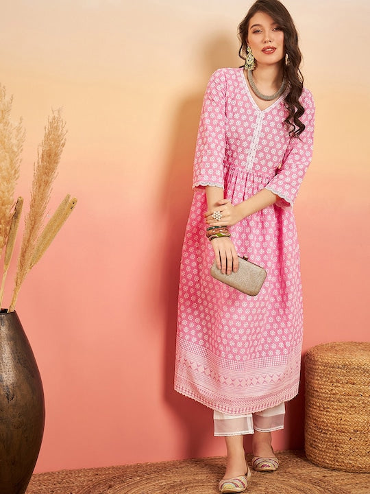 Sangria Pink Floral Embroidered V-Neck Cotton Pleated A-Line Kurta