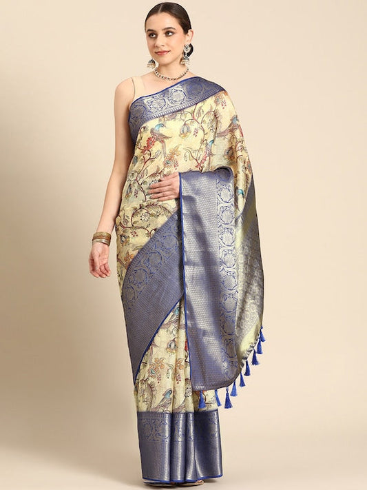 Silk Land Kalamkari Printed Zari Muga Saree