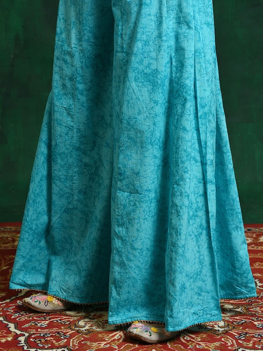 AKS Paisley Printed Mirror Work Pure Cotton A-Line Kurta With Palazzos