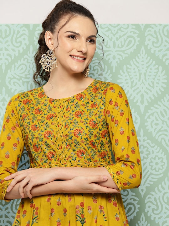 Yufta Ethnic Motifs Printed Cotton Floral Kurta