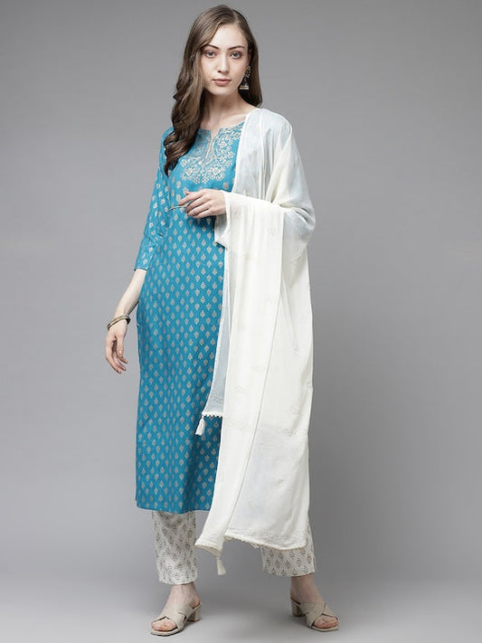 Yufta Women Teal Blue & Off-White Printed Kurta with Trousers & Dupatta