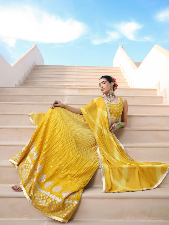 Scakhi Mustard & Gold-Toned Embroidered Foil Print Ready to Wear Lehenga & Blouse With Dupatta