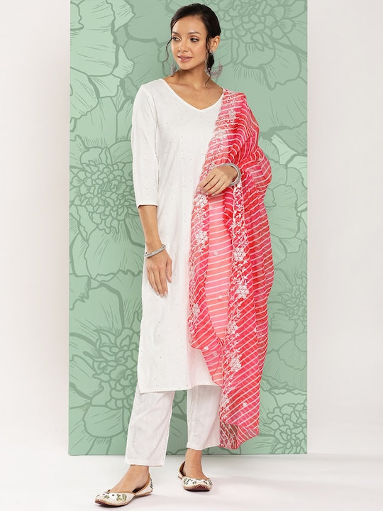 Yufta Women Self Design Sequinned Regular Pure Cotton Kurta with Trousers & With Dupatta