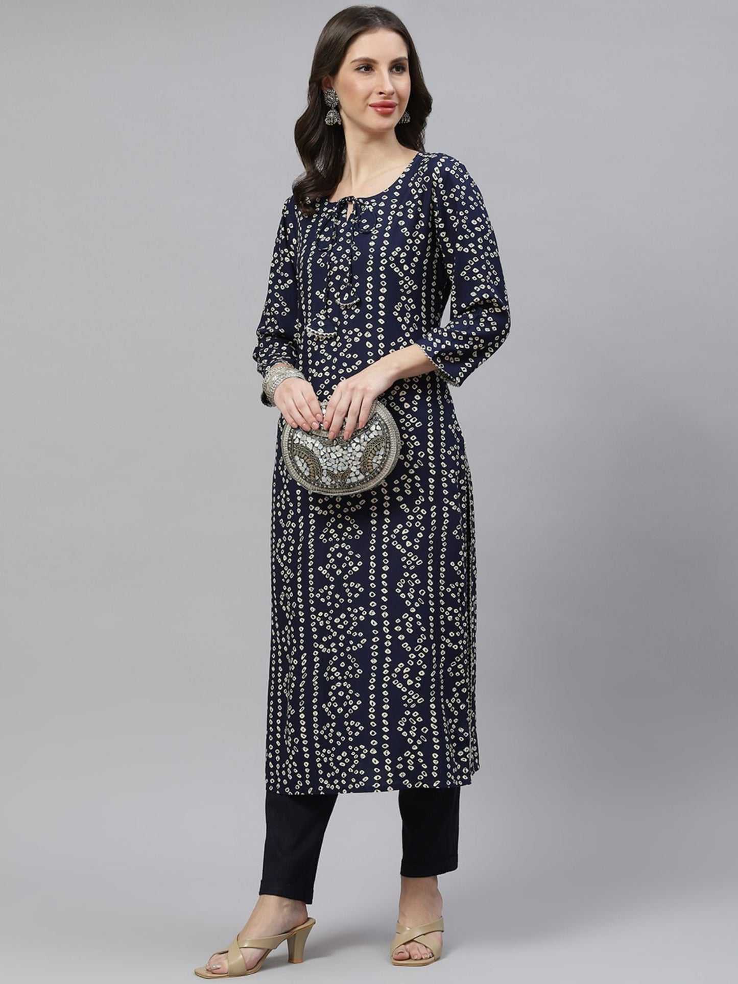 PIROH Womens Rayon Bandhani Print Straight Kurta - Ink Blue