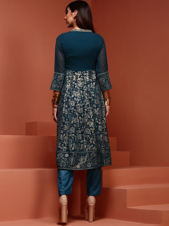 IMARA Floral Printed Mandarin Collar Sequinned Detailed A-Line Kurta With Trousers