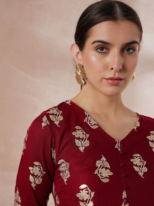 All about you Maroon Ethnic Motifs Printed A-Line Midi Dress
