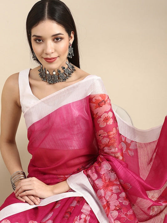 Anouk Pink Floral Printed Linen Blend Saree