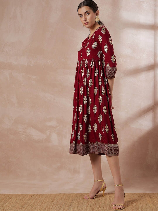 All about you Maroon Ethnic Motifs Printed A-Line Midi Dress