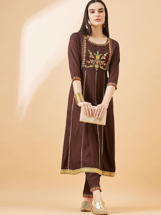 All about you Floral Embroidered Gotta Patti A-Line Kurta With Trouser