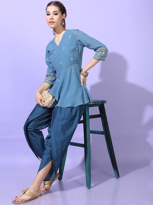 Vishudh Women Teal Ethnic Motifs Embroidered Angrakha Kurti with Dhoti Pants